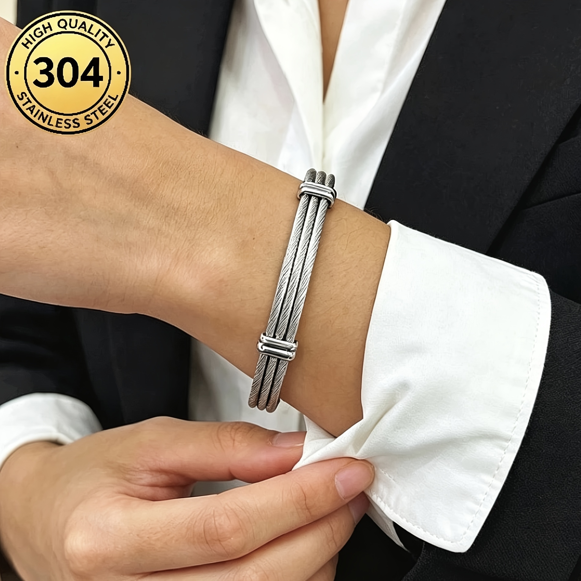 Men's Adjustable Twisted Cable Wire Open Cuff Bangle